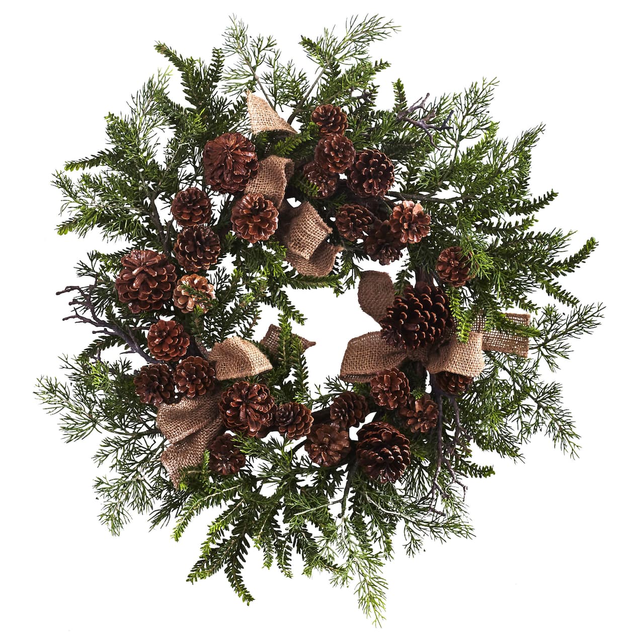 24&#x22; Pine &#x26; Pinecone Wreath with Burlap Bows